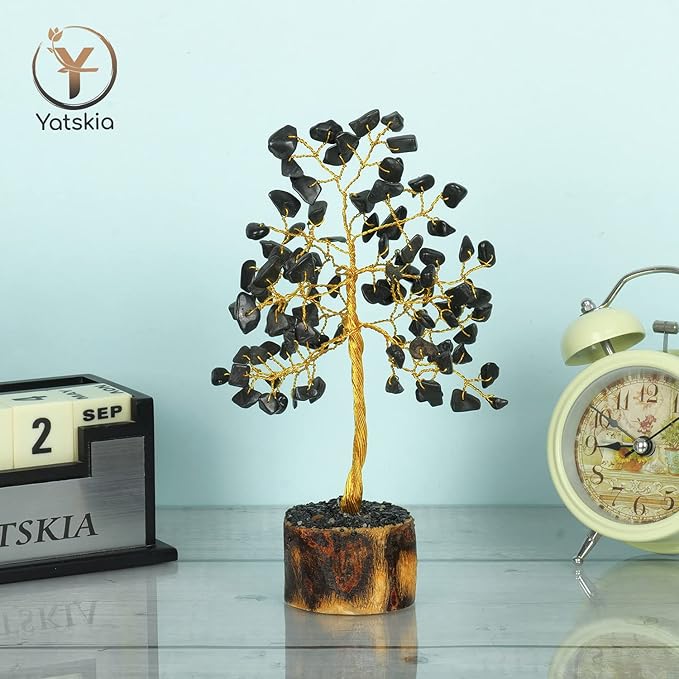 YATSKIA Black Tourmaline Crystals - Gemstone Tree - Black Tourmaline Decor - Artificial Money Tree - Mini Artificial Trees - Tourmaline Gemstones - Spiritual Trees
