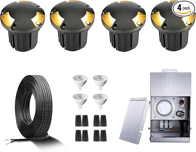Gardenreet Brass Well Lights Landscape LED In Ground Kit(4 Pack) with 75W Low Voltage Transformer & MR16 Bulb & 100Feet Wire & Connectors, 12V LED for Outdoor Garden Walkway Path(3 Way Turret)