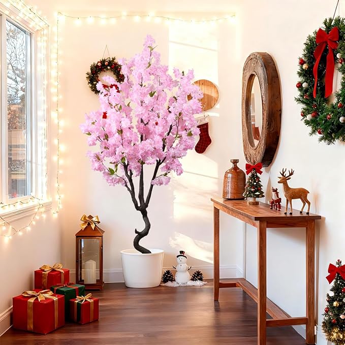 7FT Artificial Cherry Blossom Tree Beautiful Sakura Flower Tree Indoor Faux Pink Tree for Home Christmas New Year Decor