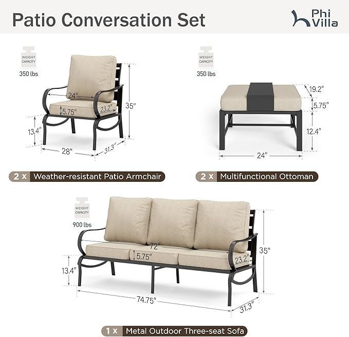 PHI VILLA Patio Furniture Set for 5 Person, Outdoor Furniture with 1 x 3 Seater Cushioned Deep Seating Bench, 2 x Armrest Sofa Chairs & 2 x Metal Cushioned Ottoman