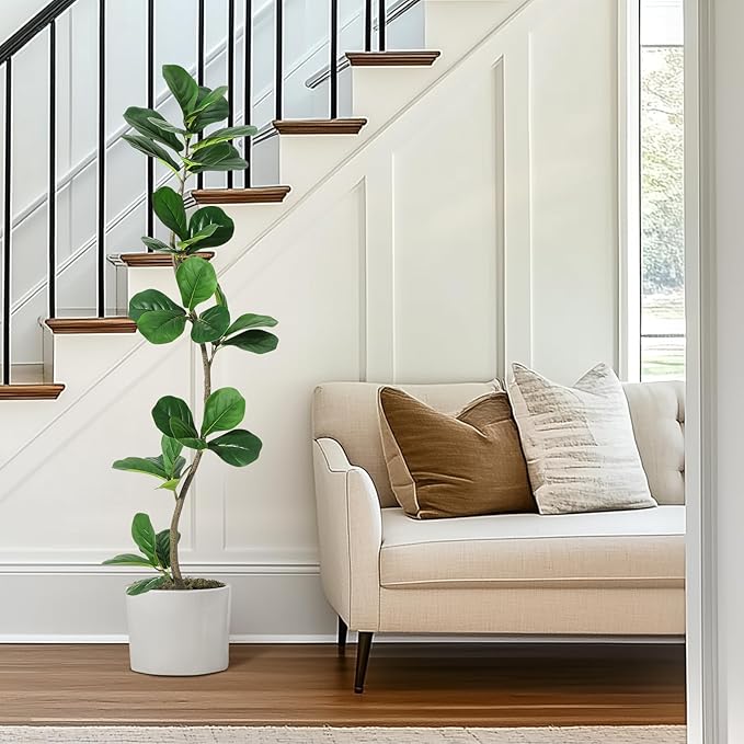 Artificial Fiddle Leaf Fig Tree, 5ft Faux Ficus Tree with Black Nursery Planter, Fake Plant for Home, Office, Living Room