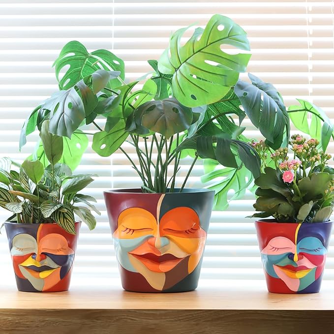 GUGUGO 8 Inch Planter Abstract Rainbow Face Pots for Plants, Unique Head Planters Pots with Drainage, Cute Eclectic Flower Pot for Garden, Colorful Funny Room Decor (Mainly Green)
