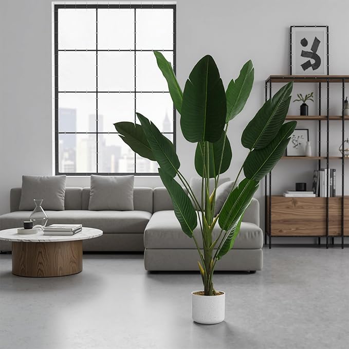 Tall Artificial Bird of Paradise Banana Leaf Plant with White Pot, Realistic Faux Palm Tree with 12 Leaves, Decorative Indoor Greenery for Living Room, Bedroom, or Office, 120cm