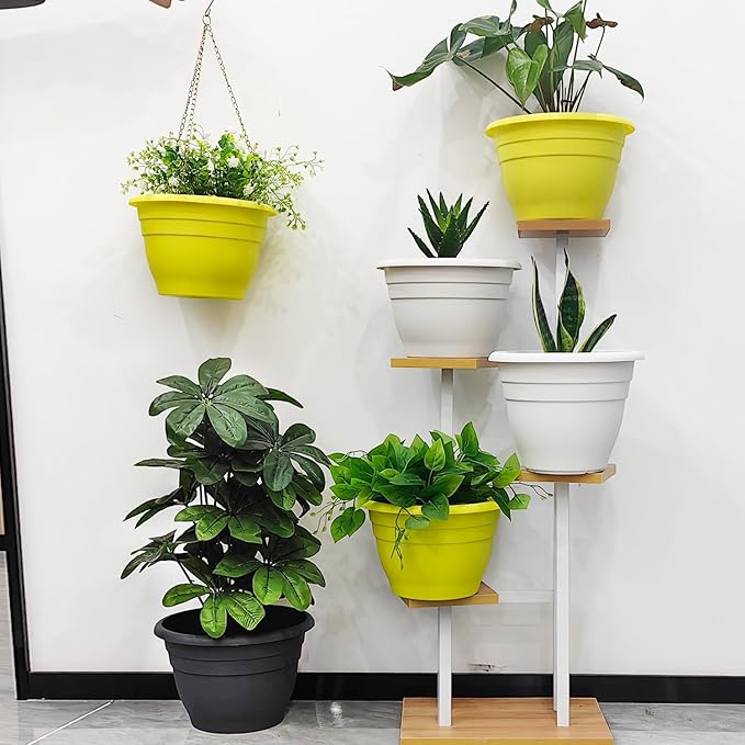 Plant Pots Set of 5 for Indoor & Outdoor Plants,10 Inch Lightweight Plastic Planters with Drainage Holes,Flower Pots for Healthy Root Growth(Yellow)