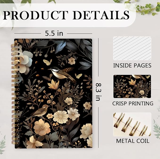 Vintage Botanical Floral Bird Spiral Notebook, Dark Cottagecore Flower Journal Notebook, Retro Wildflower Botanical Journaling Notebooks for Women, Moody Floral Office School Supplies Gifts, 5.5x8.3 In
