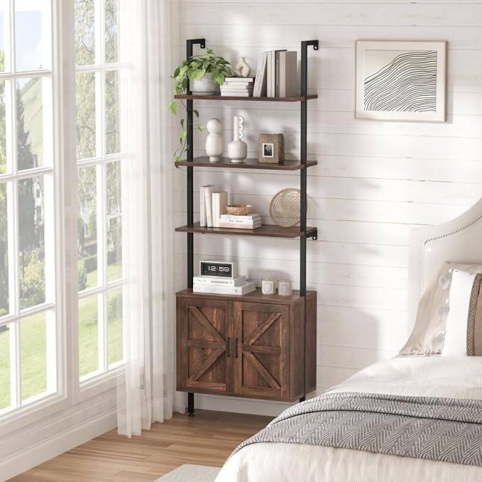 Ladder Bookshelf with Cabinet, 6 Tier Industrial Wall Mount Ladder Bookcase with Farmhouse Cabinet, Tall Narrow Open Ladder Shelf with Metal Frame for Living Room, Bathroom, Home Office, Rustic Brown