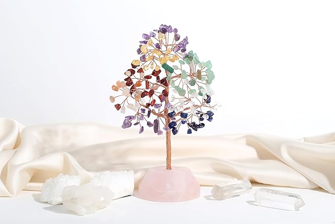 SITUMEIZI 7 Chakra Crystals 7.09IN Healing Stones Natural Rose Quartz Base Copper Wire Tree Life Reiki Gifts for Women Sister Room Office Desk Decor Birthday House Warming Gift