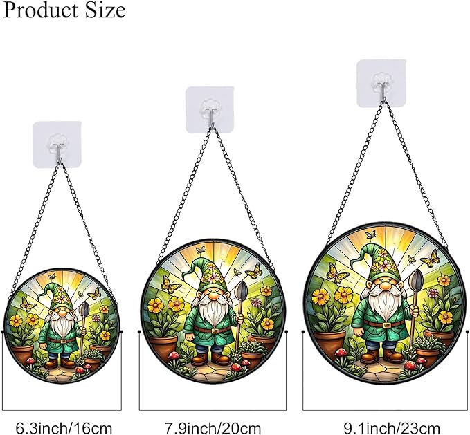 Stained Glass Window Hanging, Gnome in Garden Sun Catcher for Indoor Window Decoration with Flowers & Butterflies, Stained Glass Home Decor Gift for Women and Men G01 (6.3'')