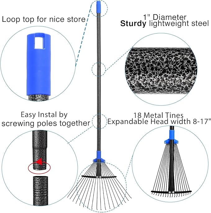 Metal Rake for Leaves Heavy Duty, Adjustable Garden Leaf Rake with Expandable Head 8-17", Shrub Pine Needle Kids Hand Yard Rake Garden Tool 30-70"