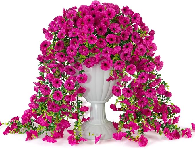 Artificial Hanging Flowers for Outdoor, 2 PCS Silk Morning Glory Faux Flowers with Eucalyptus Leaves,Realistic Hanging Plants for Wedding Home Office Garden Decor