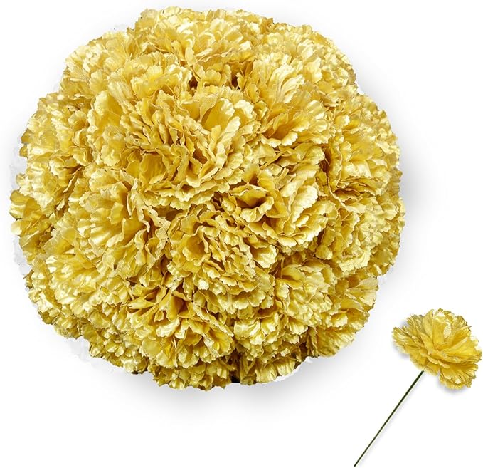 Silk Carnation Flower, 50 Artificial Flowers, Used for Wedding Decoration DIY Handmade Flowers, Carnation Flower Diameter 3.5 Inches and 6 Inches Stem (Gold)