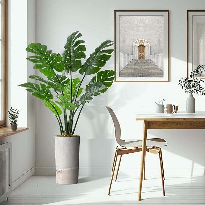 Artificial Tree in Gray Tan Watercolor Abstract Planter, Fake Monstera Silk Tree for Indoor and Outdoor Home Decoration - 65" Overall Tall (Plant Pot Plus Tree)