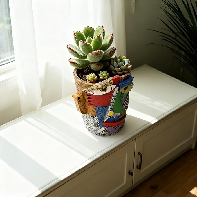 Abstract Face Planters Pots - Whimsical Hand-Painted Ceramic Face Pot for Succulents Plants, Unique Planters for Indoor Garden Decor, Artistic Home & Office Desk Decoration