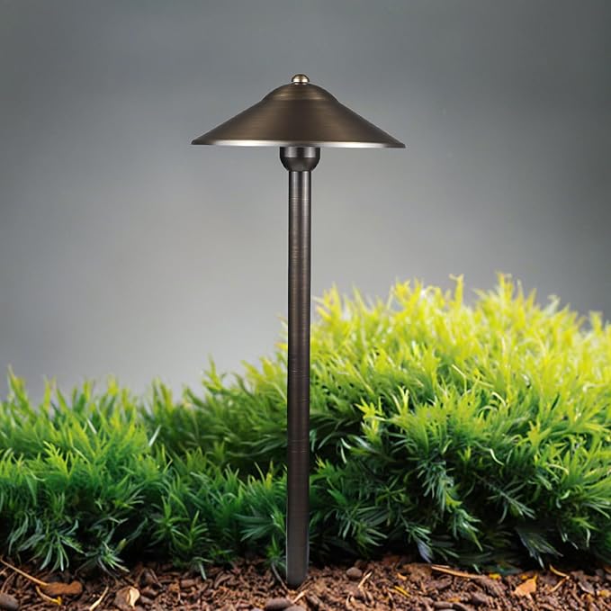 DOSHINE® Solid Brass Low Voltage Landscape Lighting Pathway Lights (9" Shade, 22" Tall) with Replaceable 3W G4 LED Bulb 3000K AC/DC 12V and Ground Stake for Outdoor Walkway Driveway (UFO, 6-Pack)