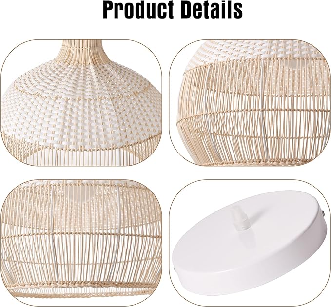 Arturesthome 23.6" White Rattan Pendant Light for Kitchen Island Sink, Wicker Chandelier, Handwoven Hanging Ceiling Light Lampshade for Dining Room Bedroom