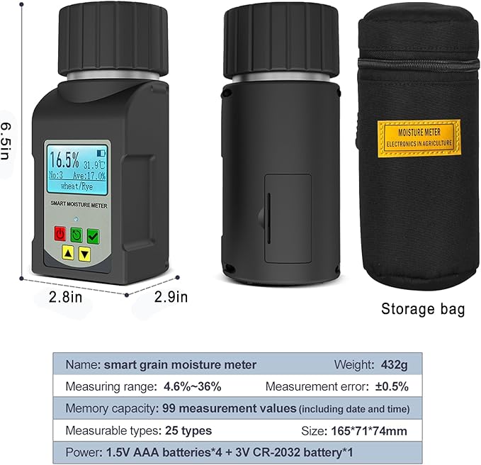 Portable Moisture Tester for Grain,25 Grain Moisture Meter with Backlit Digital Meter Readout & Voice Broadcast, Moisture Temperature Tester for Wheat, Soybean, Coffee and More