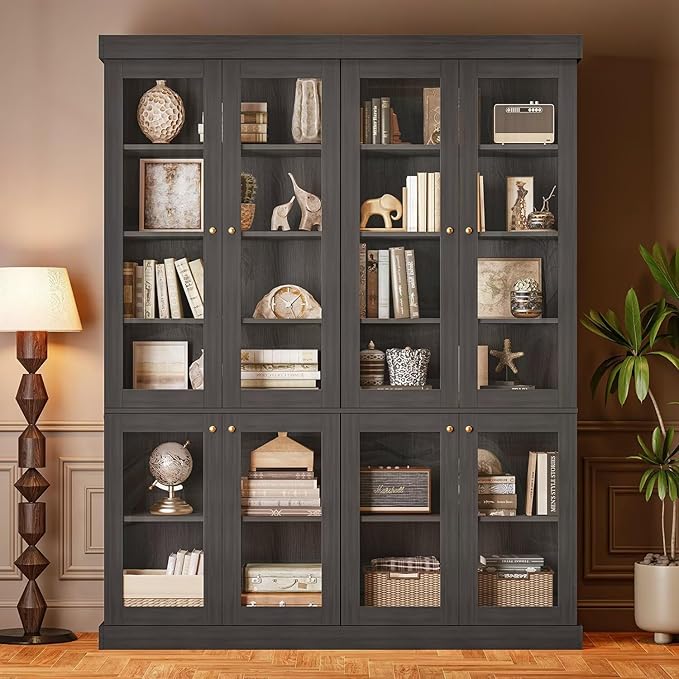 Vyre 70.8" Tall Black Bookshelf with Glass Doors, Farmhouse Modular Bookcase with 6-Tier Adjustable Shelves, Large Storage Cabinet for Home Office, Living Room, Set of 4