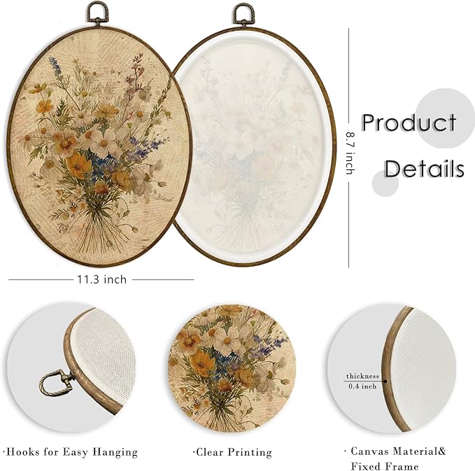 MAQIKA Bohemian White Flower Oval Framed Wall Art Decor, Botanical Wall Art, Floral Bouquet Oval Wall Hanging Decor, Vintage Wildflower Canvas Prints Wall Art for Nursery Room Bedroom, 8.7x11.3 Inch