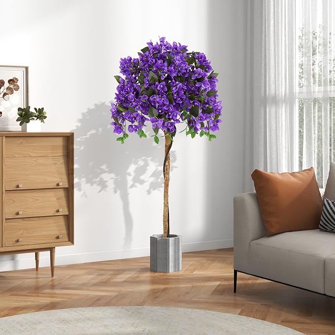 GOFLAME 53" Artificial Bougainvillea Tree, 2 Pack Faux Silk Flower Plant in Pot with 576 Flowers & 288 Leaves, Indoor Outdoor Fake Bougainvillea for Home, Office and Garden Decor, Purple