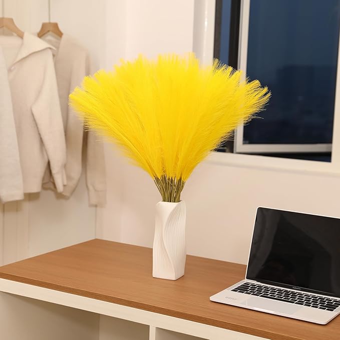 Faux Yellow Pampas Grass - 60pcs 24 Inch Short Artificial Pampas Grass Decor, Fake Pompas Floral for Vase Filler, Wedding Flower Arrangement, Party and Home Decor (Yellow, 60 Pieces)