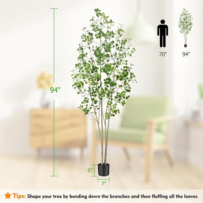 8ft Artificial Ficus Tree with Heart-Shaped Leaves - Lush & Full Branches, 95" Tall Luxurious Faux Heart-Leaf Ficus Tree, Perfect for Modern Home & Office Decor, Natural Look