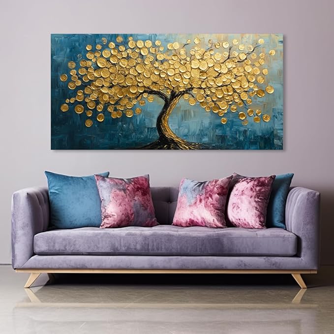 Modern Art Golden Lucky Tree Money Tree Canvas Wall Art Gold Tree of Life Painting Canvas Art Good Luck Money And Wealth Picture Stunning Poster Decorative for Home, Office & Hotel Lobbies, Ready to Hang (30x60 Inches)