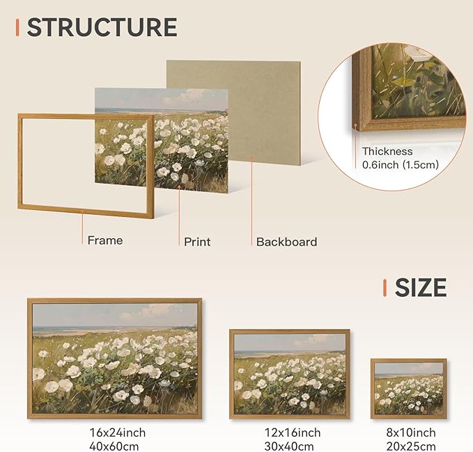 CAZLOUC Vintage Coastal Wall Art, White Wildflower Wall Decor, Rustic Farmhouse Landscape Canvas Painting, Nature Seaside Floral Poster Print for Bedroom Living Room Office Wood Framed 12x16 Inch