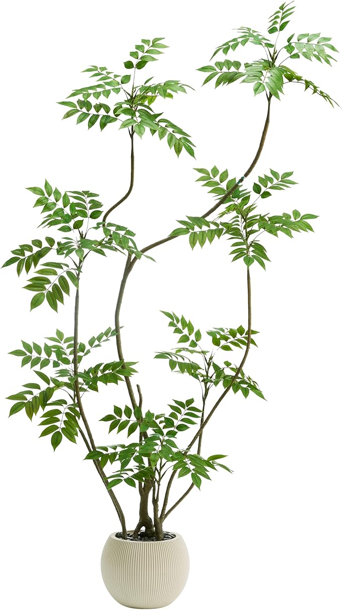 Artificial Sumac Tree:5FT Faux Mahonia Fortunei Tree Realistic Fake Floor Plant Silk Leaves & Elegant Branches in Pot Fake Plant for Minimalist Decor Indoor Home Sala Office Hotel Patio Studio