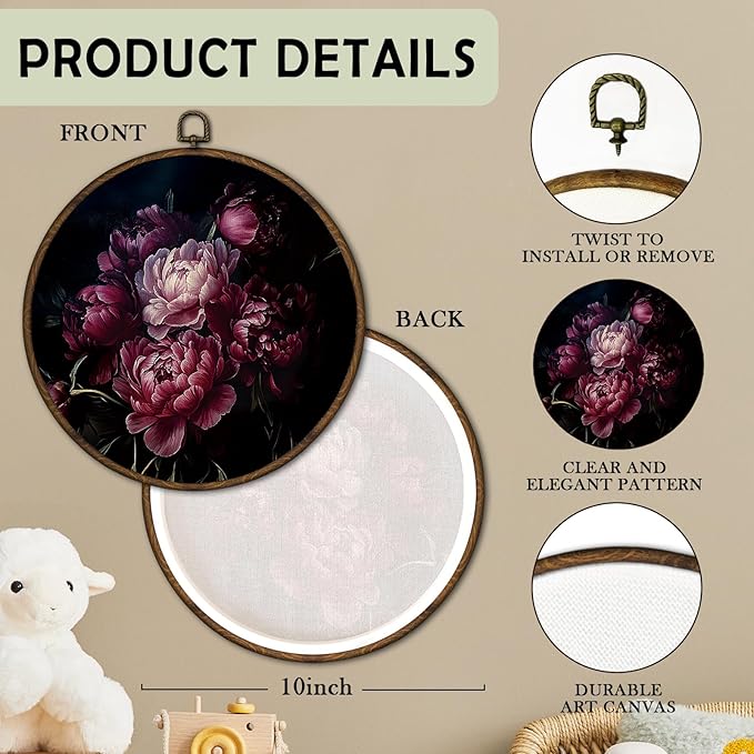 cvjutf Vintage Moody Peony Floral Wall Art Decor Framed, Peony Flower Botanical Round Wall Decor, Dark Cottage Core Floral Canvas Prints Art for Bathroom Bedroom Gallery Living Room, 10x10 Inch
