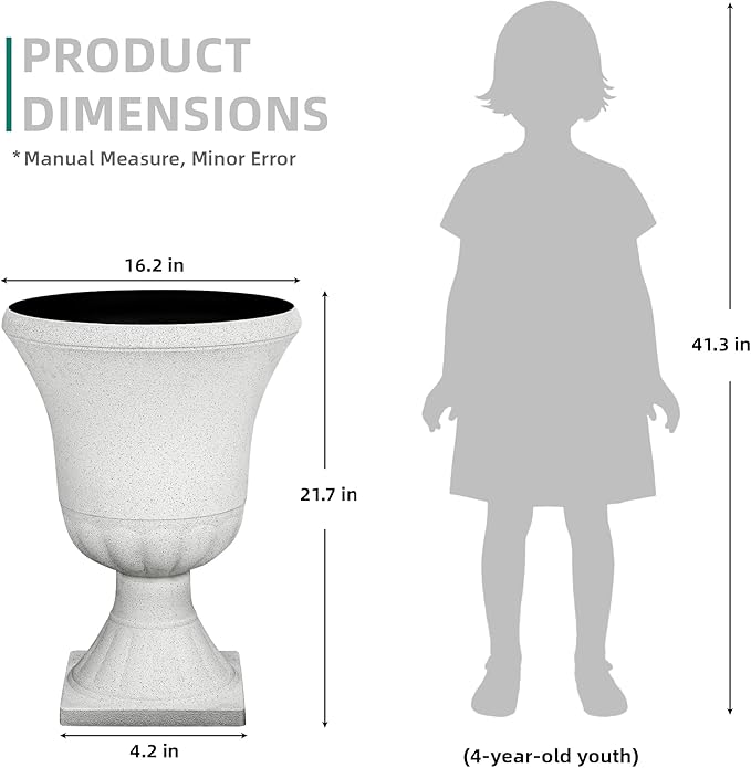 22" H Urn Tall Planters, 2-Pack Large Flower Pots for Indoor Outdoor Use, Elegant White Terrazzo Weather-Resistant Pot Containers for Garden Patio Yard Balcony Entryway or Home Décor, KD Base