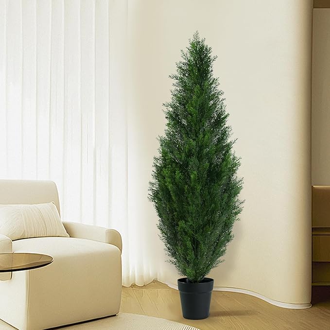 5FT Artificial Topiary Cedar Tree with Pot, Fake Cedar Plant for Indoor Outdoor Décor, UV Resistant Faux Evergreen Tree for Home, Garden, Porch, Office, Artificial Christmas Tree Alternative,2Pack