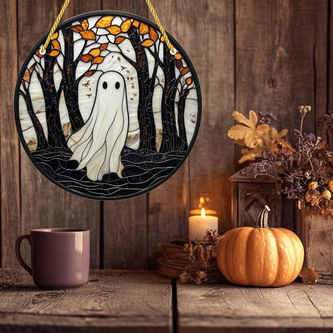 Acrylic Window Hanging Ghost Stained Panel Window Decoration for Halloween Decorations Outdoor Indoor Garden Yard Home Halloween Decor 12 Inch