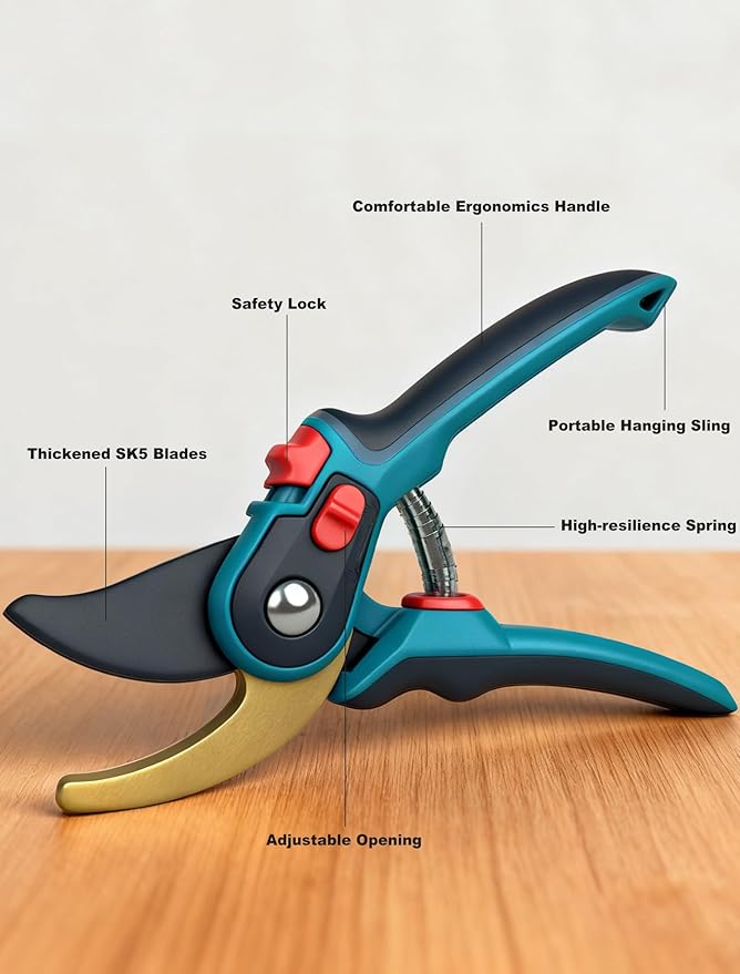 Professional Gardening Pruning Shears, Garden Clipper with High-Elasticity Spring, SK5 Steel Blades, Adjustable Handle Opening, Plant Pruners for Branch Cutting