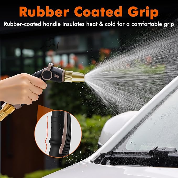 RESTMO High Pressure Hose Nozzle Sprayer, Heavy Duty Brass Head, Metal Water Hose Nozzle for Car Washing, Garden Cleaning, Lawn and Plant Watering, 4 Spray Patterns, Brown