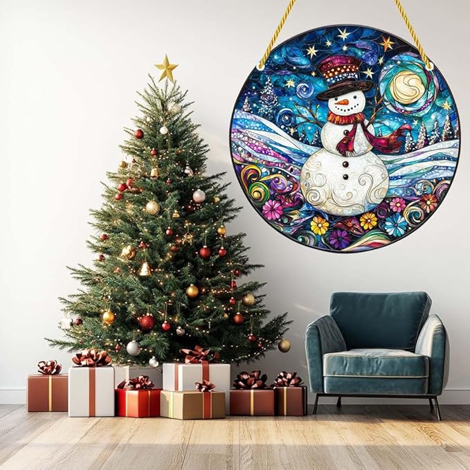 Acrylic Window Hanging Christmas Snowman Stained Panel Window Decoration for Outdoor Indoor Garden Yard Home Winter Decor 8 Inch