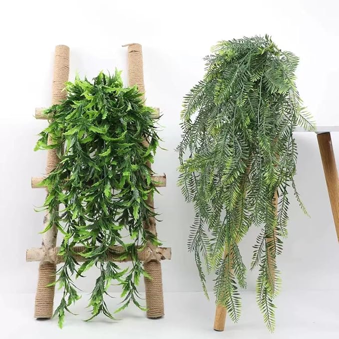 6 Pack Artificial Hanging Plants, Wall Mounted Eucalyptus Plant Pots Faux Greenery, Imitation Datura Vine, Boston Fern, for Indoor Outdoor Shelf Fake Plant (Persian/Creeper/Sawtooth Hanging)
