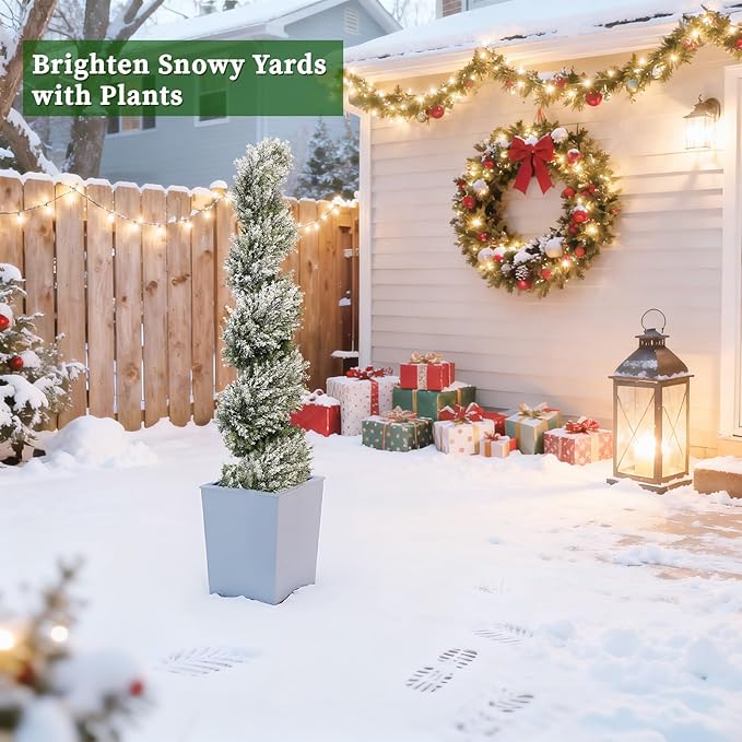 THE BLOOM TIMES 4ft Snow-Flocked Spiral Artificial Topiary Trees Set of 2, 48 inch Faux Cedar Trees for Front Porch Christmas Planter Decor, Fake Plants for Indoor or Covered Outside Display 4 Foot