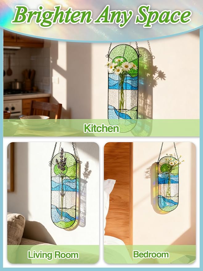 Stained Glass Plant Propagation Stations - Handmade Sunshine Catcher Hydroponic Planter Window Hanging with Glass Tubes, Christmas Terrarium Decor Gifts for Women Mom Plant Lovers, Green