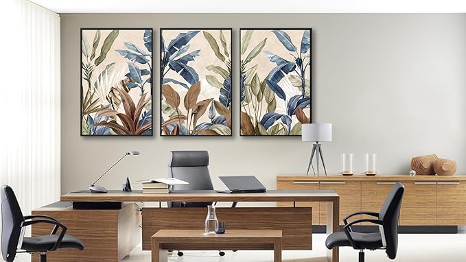 Large Framed Botanical Wall Art - Tropical Leaf Wall Decor 32"x48" Set of 3 Beige Boho Art Prints Minimalist Palm Painting Rustic Plant Canvas Pictures for Living Room Bedroom Office Artwork