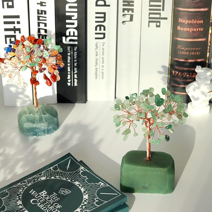 Healing Green Aventurine Crystal Tree - Natural Reiki Gemstone Base with Copper Wire - Feng Shui Money Tree for Home Office Desk Decor - Good Luck