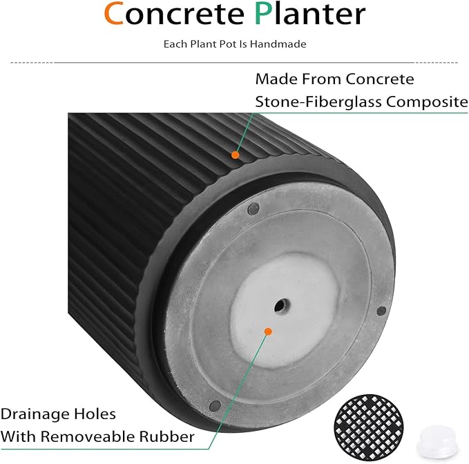 Round Concrete Planter Outdoor Indoor, Large Cement Plant Pots for Flowers (Vertical Black, 12 inch)