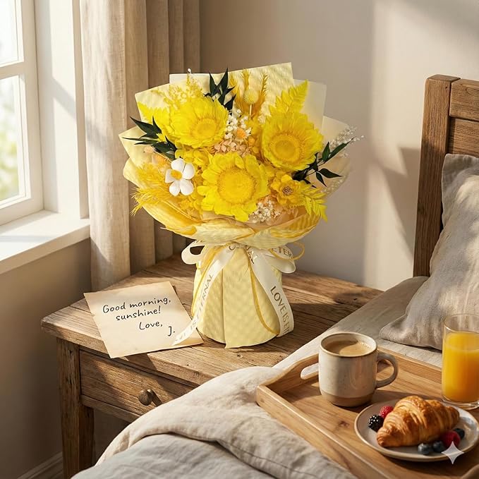 Vaanshie Yellow Preserved Sunflower Bouquet – Long Lasting Eternal Flowers Gift for Her, Valentine’s Day, Birthday, Anniversary & Bright Home Décor