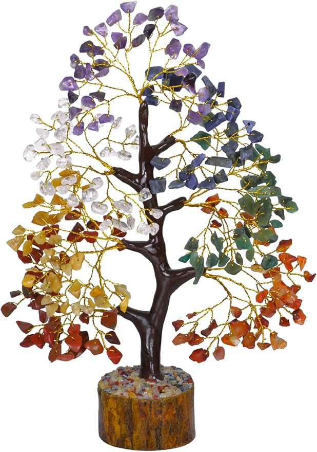 NARIBABU 7 Chakra Crystal Tree with 300 Gemstones – 10-12 Inch Energy Tree with Golden Wire & Wooden Base – Gifts for Her, Healing Crystals Decor, Birthday Gift for Women