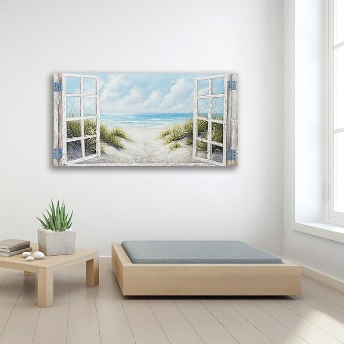 Window Beach Wall Art Prints Large tropical Seascape Picture Coastal Ocean Landscape Canvas Bedroom Blue Ocean Artwork Relaxing Living Room Sea Scene Painting Horizontal Summer Seascape Decor 48 x 24
