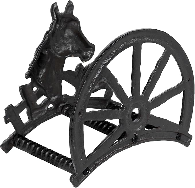 MyGift Heavy Duty Hose Holder, Cast Iron Outdoor Garden Hose Hanger Wall Mounted Water Hose Holder Reel with Vintage Scrollwork Design (Horse and Wagon)