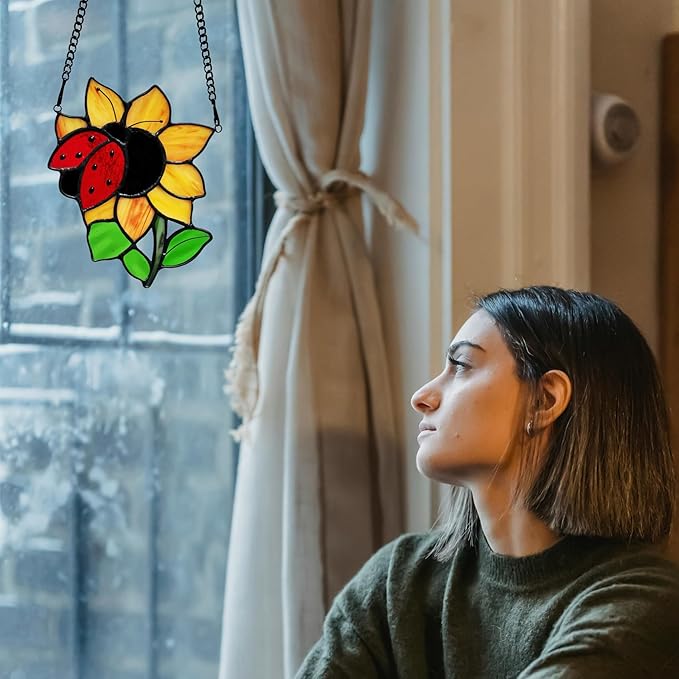 Ladybug Sunflower Stained Glass Window Hangings Suncatcher, Tiffany Style Stained Glass Ladybug Sun Flower Ornament Decor Gifts for Women Mom, Wedding Birthday Christmas Celebration Gifts.