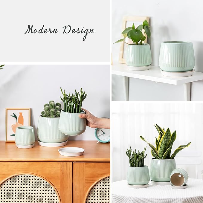 TAMAYKIM 4.25 + 5.5 + 7 Inch Ceramic Plant Pots with Drainage Holes and Saucers, Small to Large Planter Sets for Plants, Succulent, Cactus and Herbs, Green, Set of 3