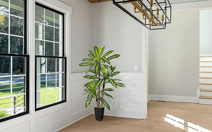 Artificial Dracaena Plant 5ft, Faux Tree with Black Tall Planter, Fake Yucca Silk Plants, Artificial Floor Trees for Indoor Home Office Room Decor Housewarming Gift