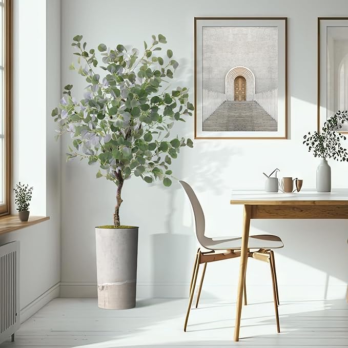 Artificial Tree in Gray Tan Watercolor Abstract Planter, Fake Eucalyptus Silk Tree for Indoor and Outdoor Home Decoration - 66" Overall Tall (Plant Pot Plus Tree)