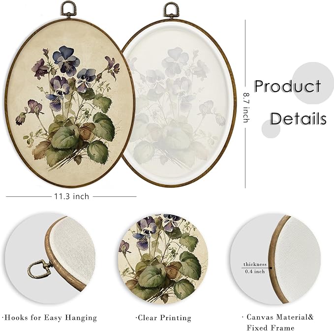 MAQIKA Vintage Purple Flower Oval Framed Wall Art Decor, Floral Wall Decor, Wildflower Oval Wall Hanging Decor, Vintage Botanical Canvas Prints Wall Art for Bedroom Living Room, 8.7x11.3 Inch